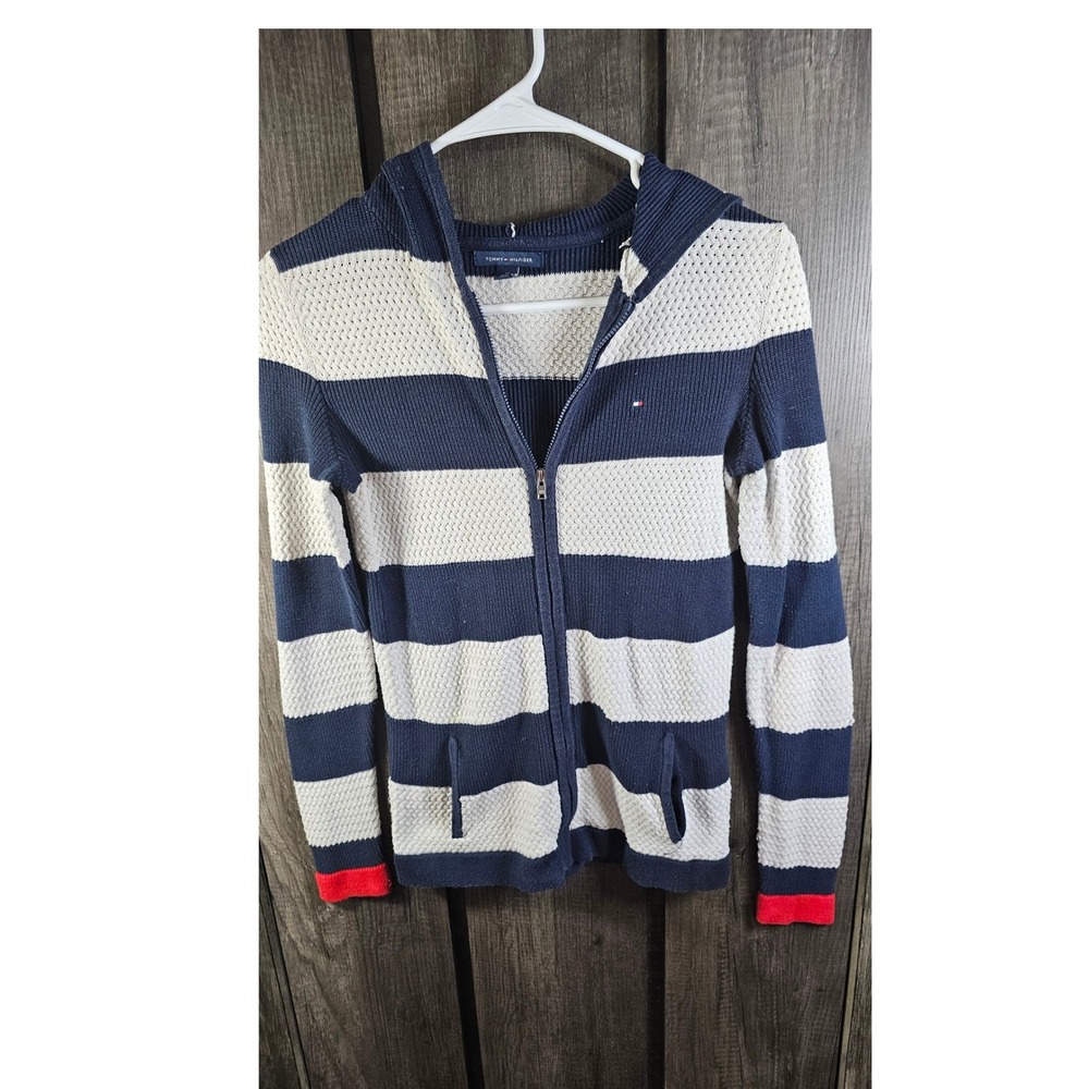 Tommy Hilfiger Navy White Striped Knit Hooded Zip Up Sweater XS